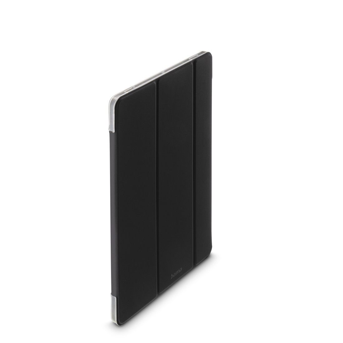 Eine schwarze iPad-Hülle mit geschlossenem Deckel, mit silbernen Kanten und weißem Hintergrund.