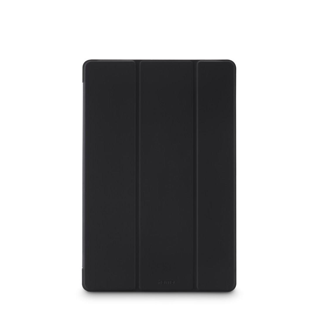 Schwarze Tablet-Hülle, geschlossen. Dreiteiliges Design, glatte Oberfläche, weißer Hintergrund, zentriert.