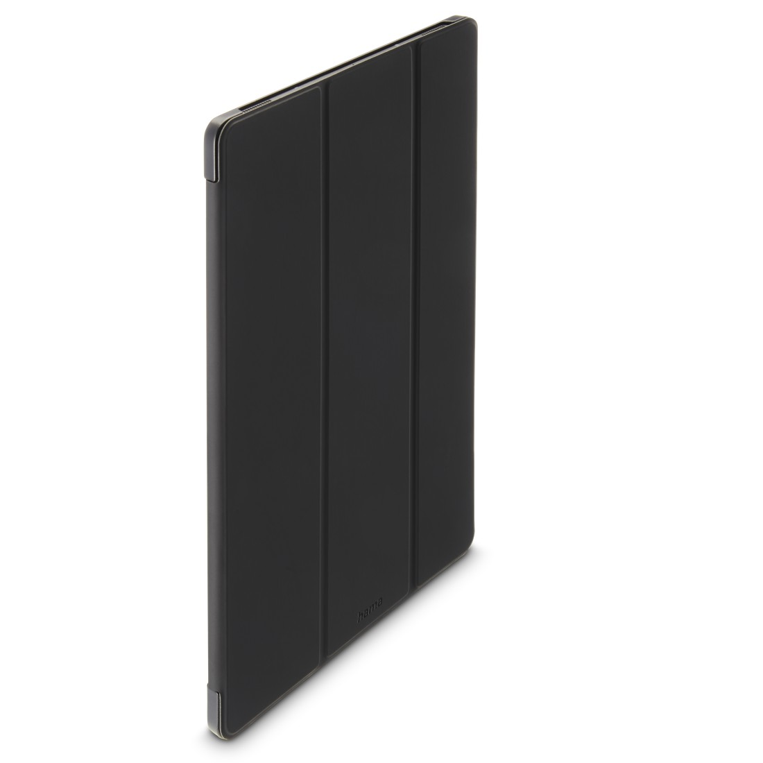 Schwarze Tablet-Hülle, geschlossen, mit silbernem Rahmen. Hama-Logo sichtbar.