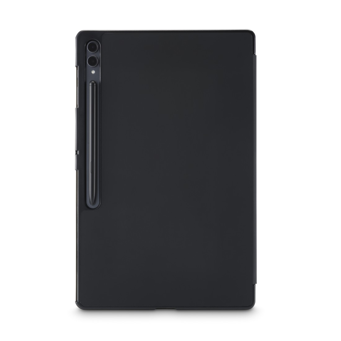 Ein Tablet mit schwarzem Gehäuse und Stift. Weißer Hintergrund.