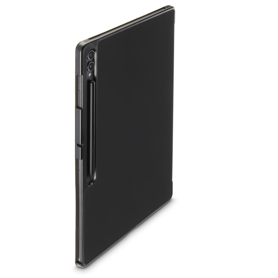 Tablet in schwarzer Hülle, Stift befestigt, aufrecht stehend.