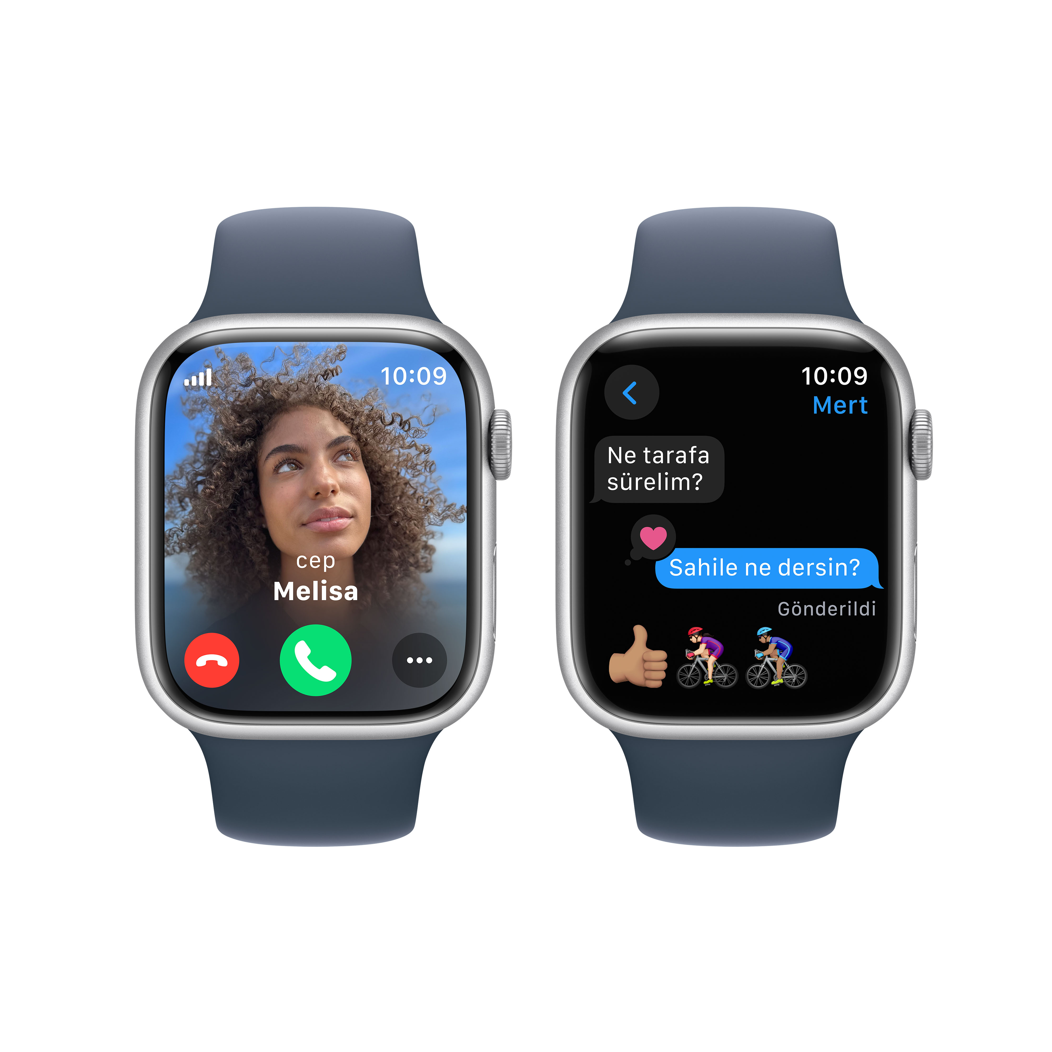 İki akıllı saat. Birinde arama, diğerinde metinler ve emojiler var.