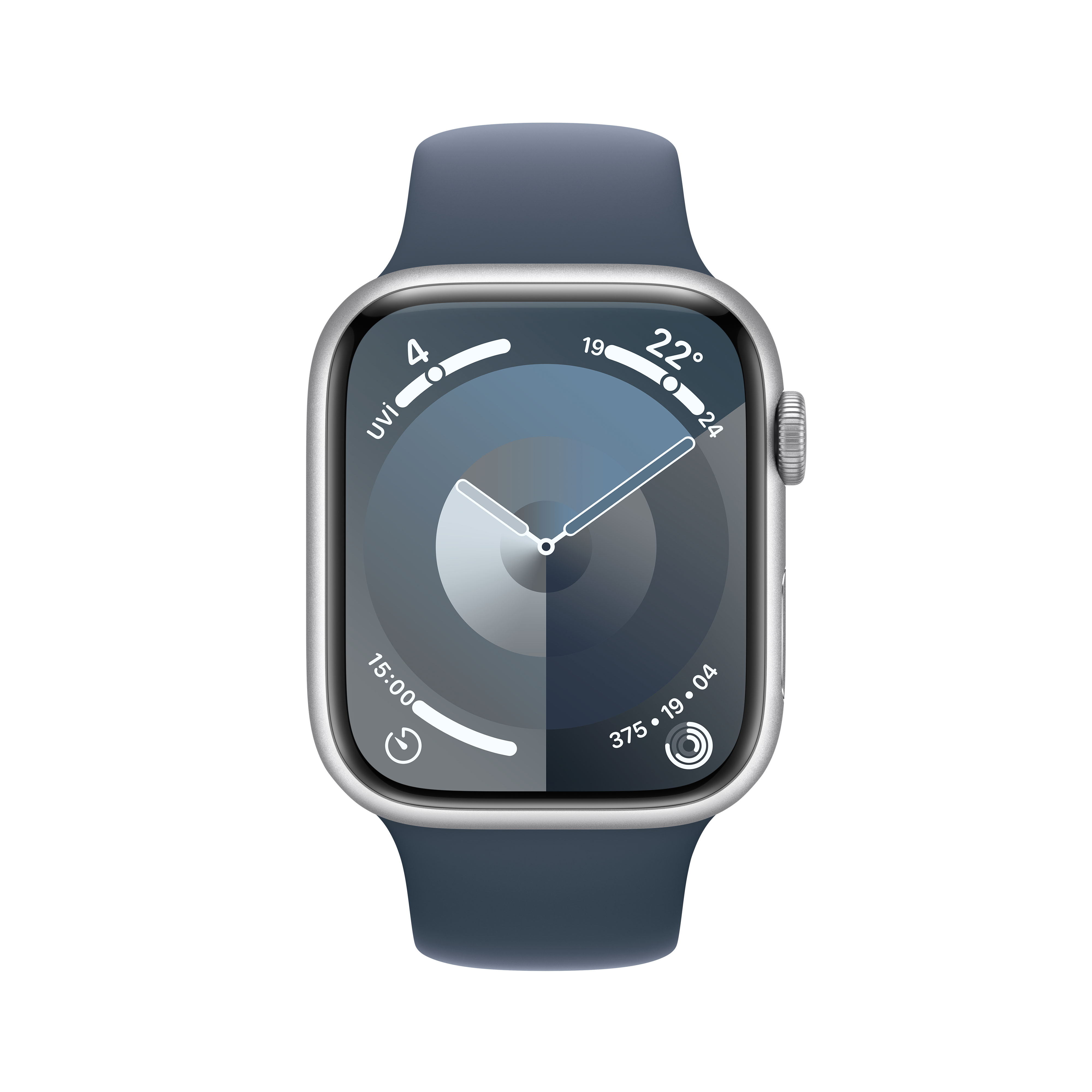 Mavi kayışlı Apple Watch, veri gösteren bir saat kadranı sergiliyor.