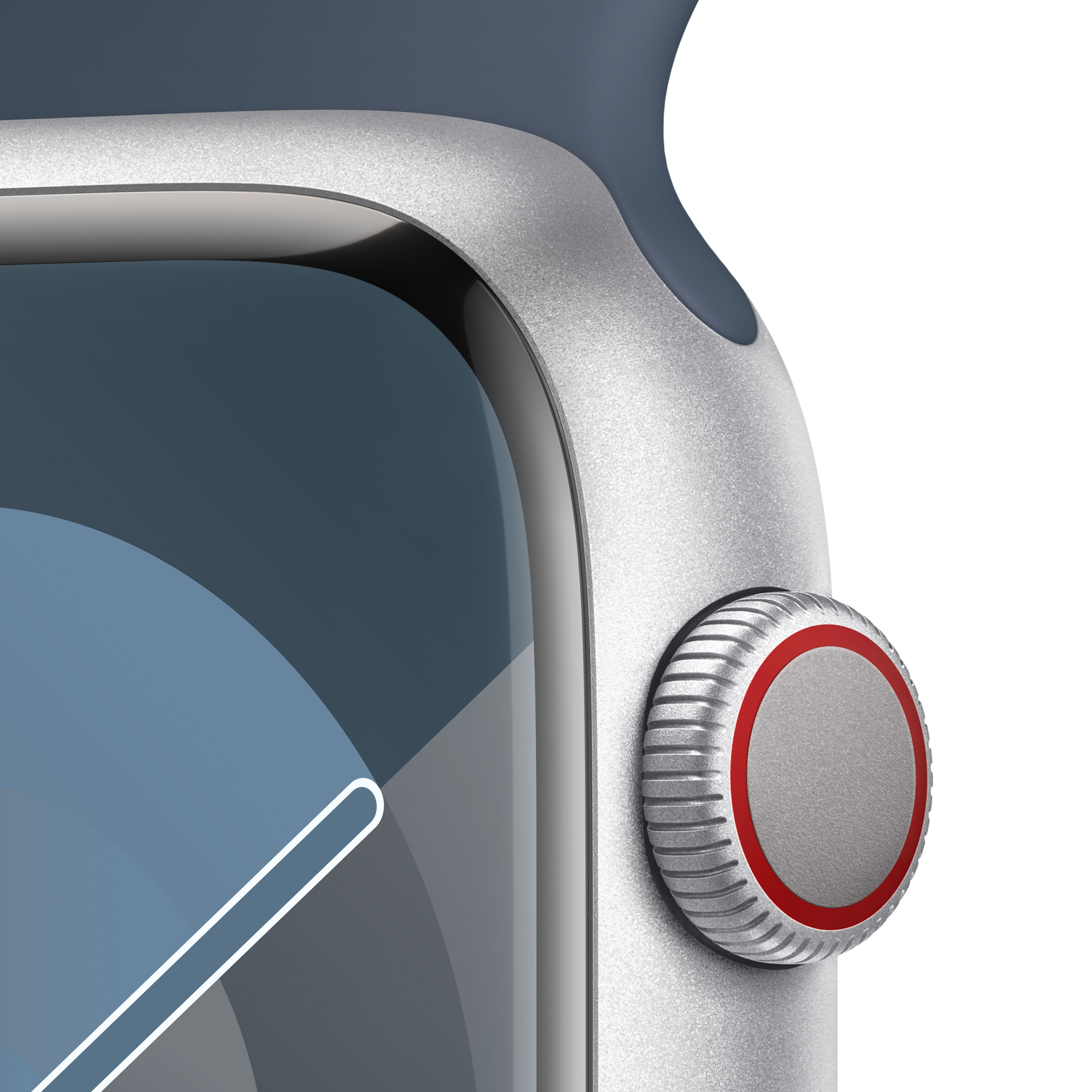 Mavi kayışlı ve kadranında kırmızı detaylar bulunan gümüş bir Apple Watch'un yakın çekimi.
