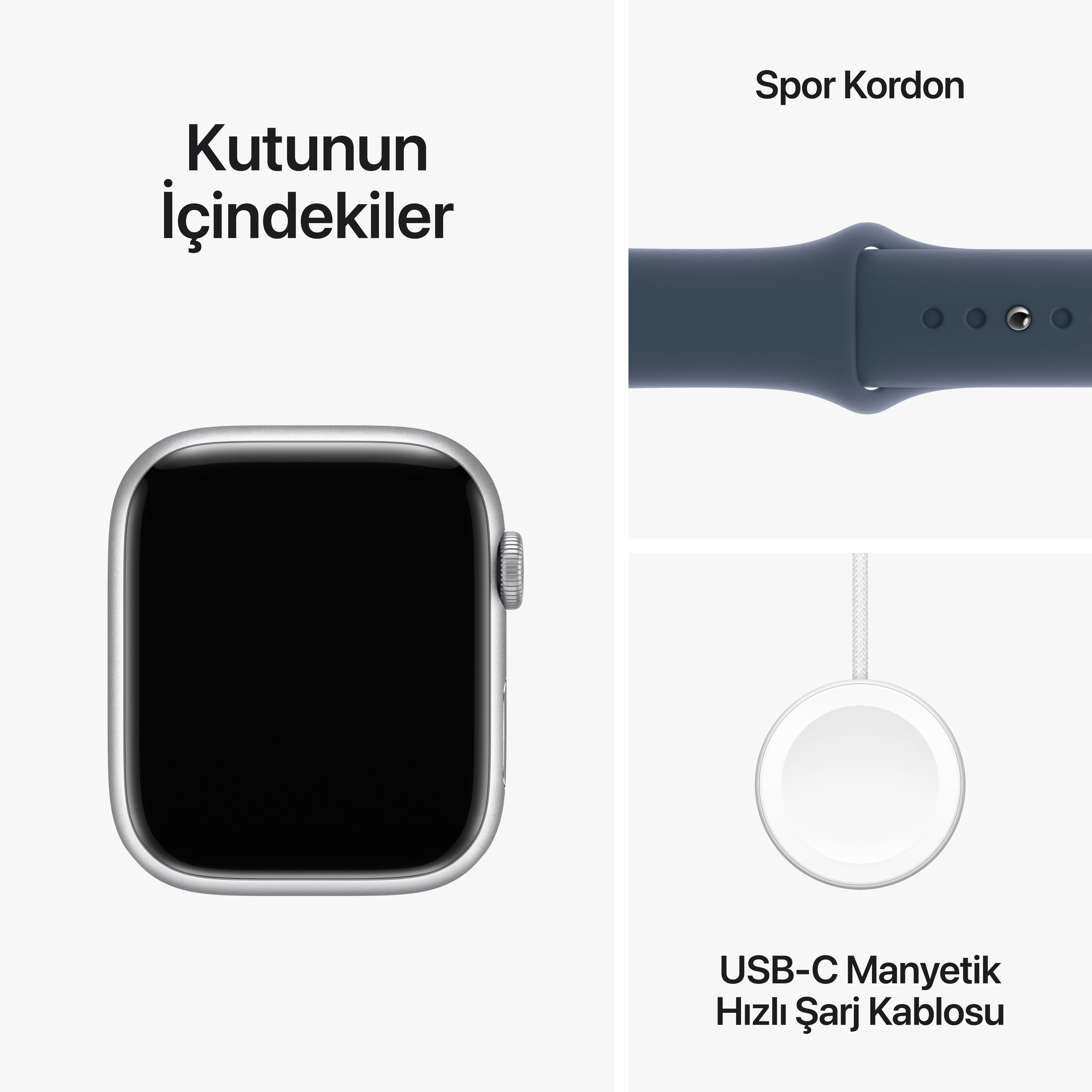 Apple Watch, spor kayışı ve şarj cihazı. Metin: Kutunun içeriği, spor kayışı ve şarj cihazı.