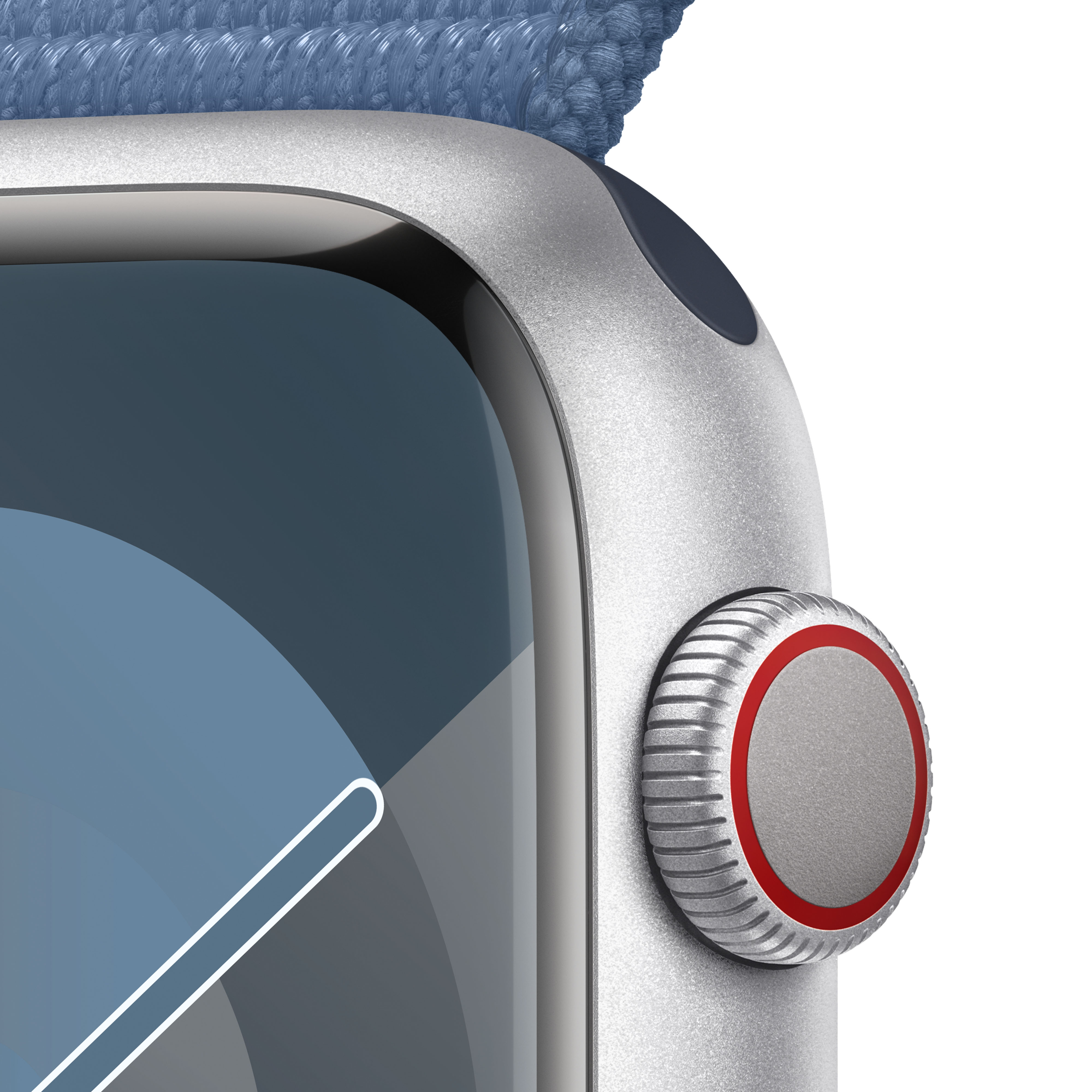 Gümüş bir Apple Watch'ın, yan düğmesini ve ekranını gösteren yakın çekimi.