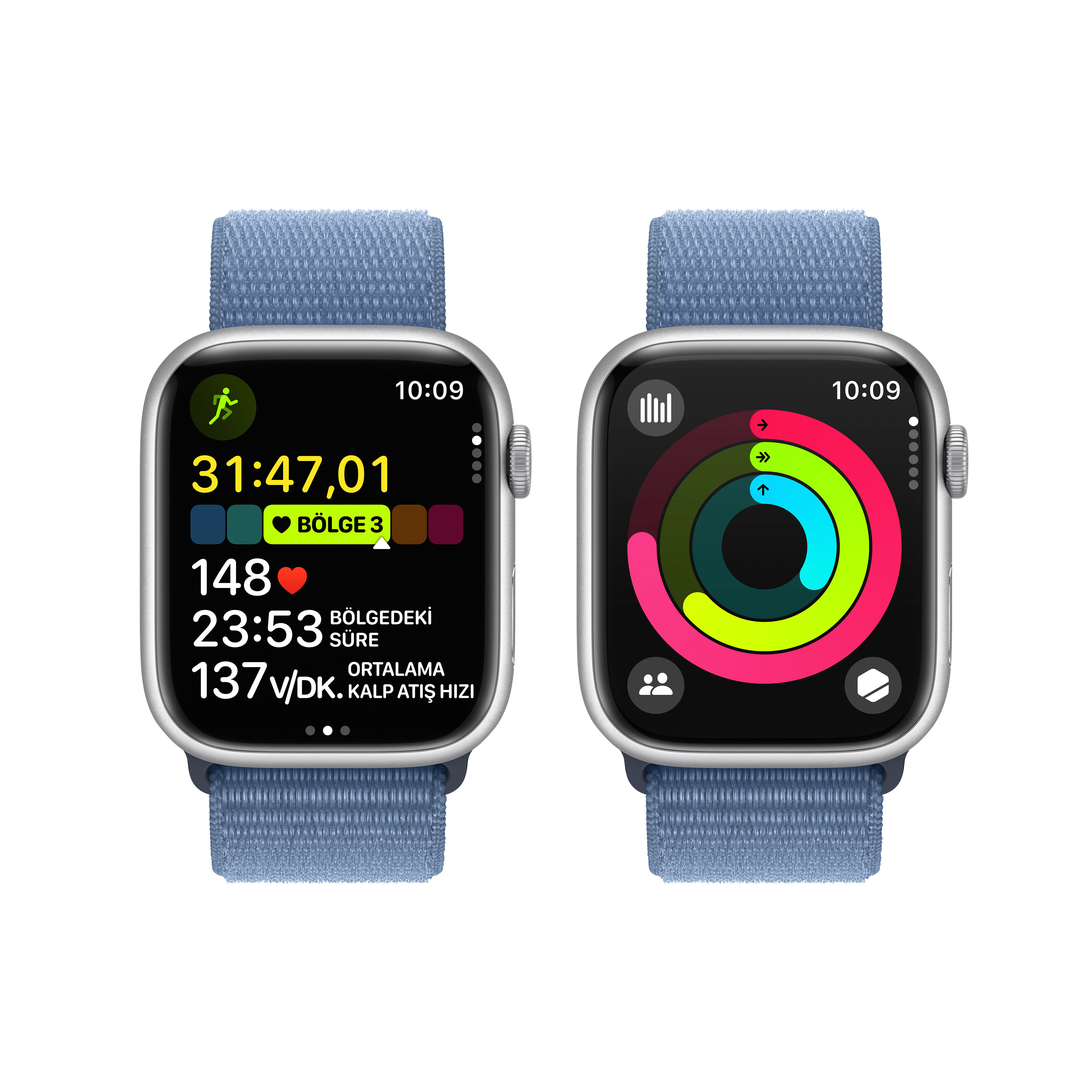 Yan yana iki Apple Watch, ekranlarında farklı veri ekranları gösteriyor.