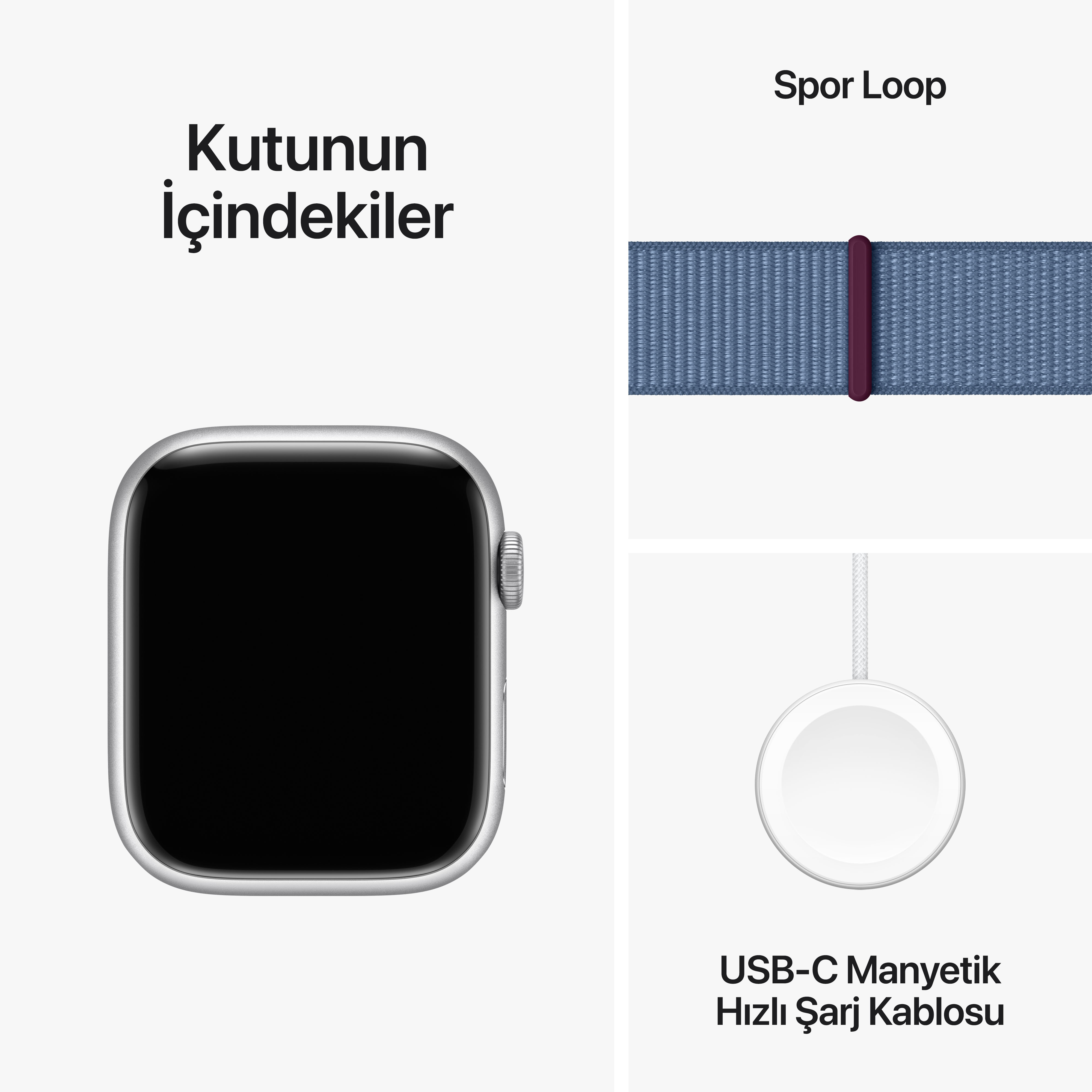 Kayışlı bir Apple Watch, ayrı bir kayış ve bir şarj cihazı.