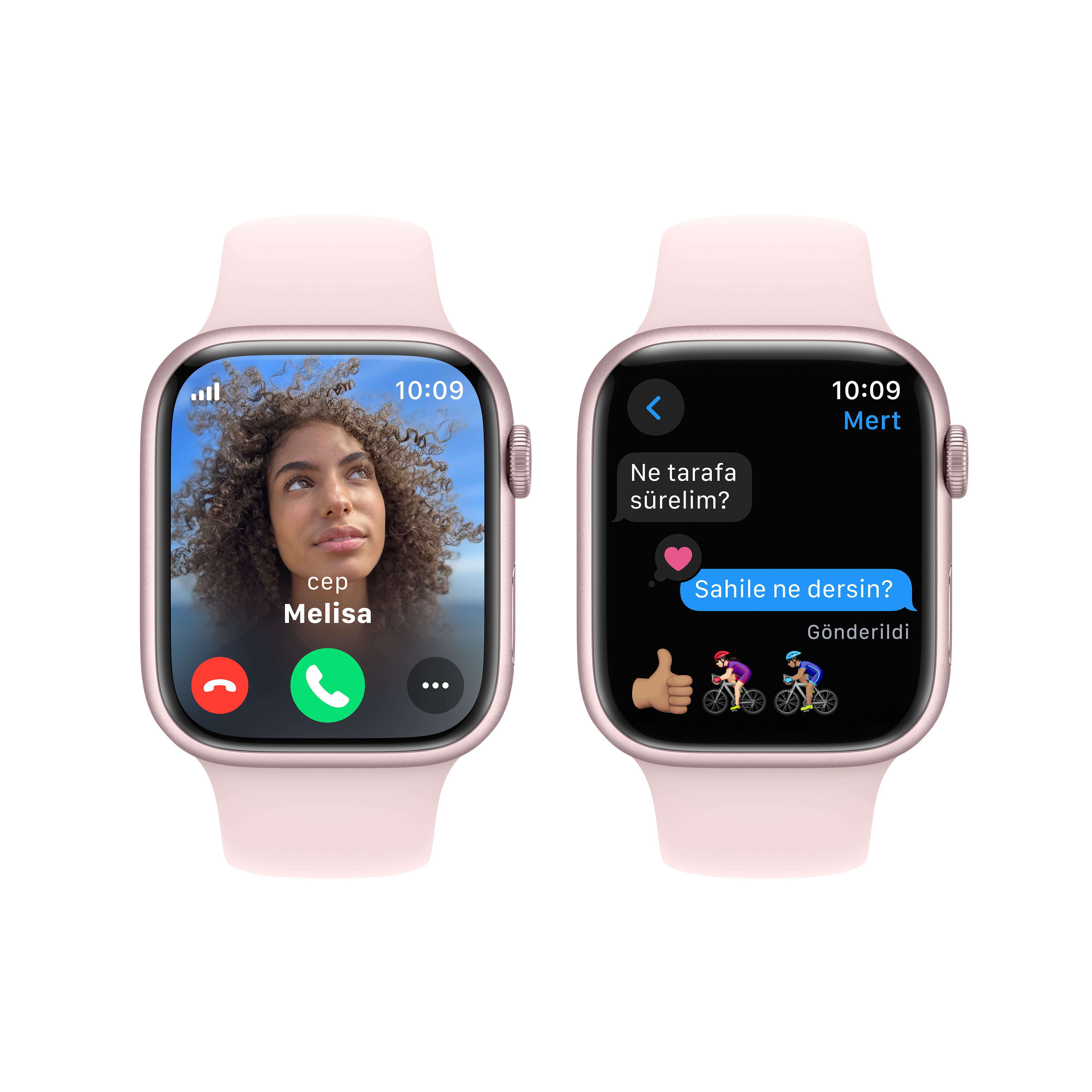 İki Apple Watch, biri arama yapıyor, diğeri bisiklet sürmeyle ilgili bir metin mesajı alıyor.