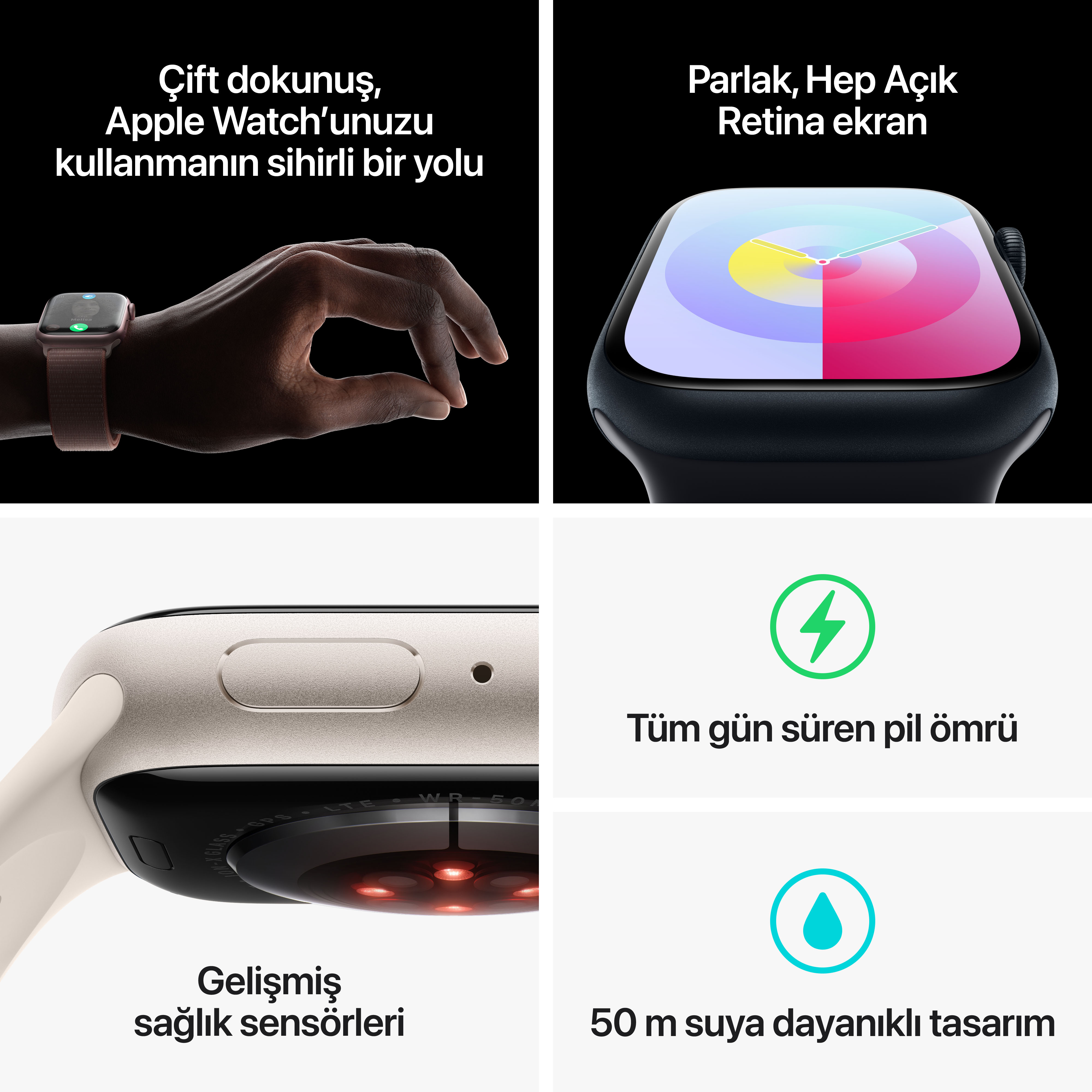 Apple Watch özellikleri: el hareketi, sürekli açık Retina ekran, sağlık sensörleri, 50m suya dayanıklılık.