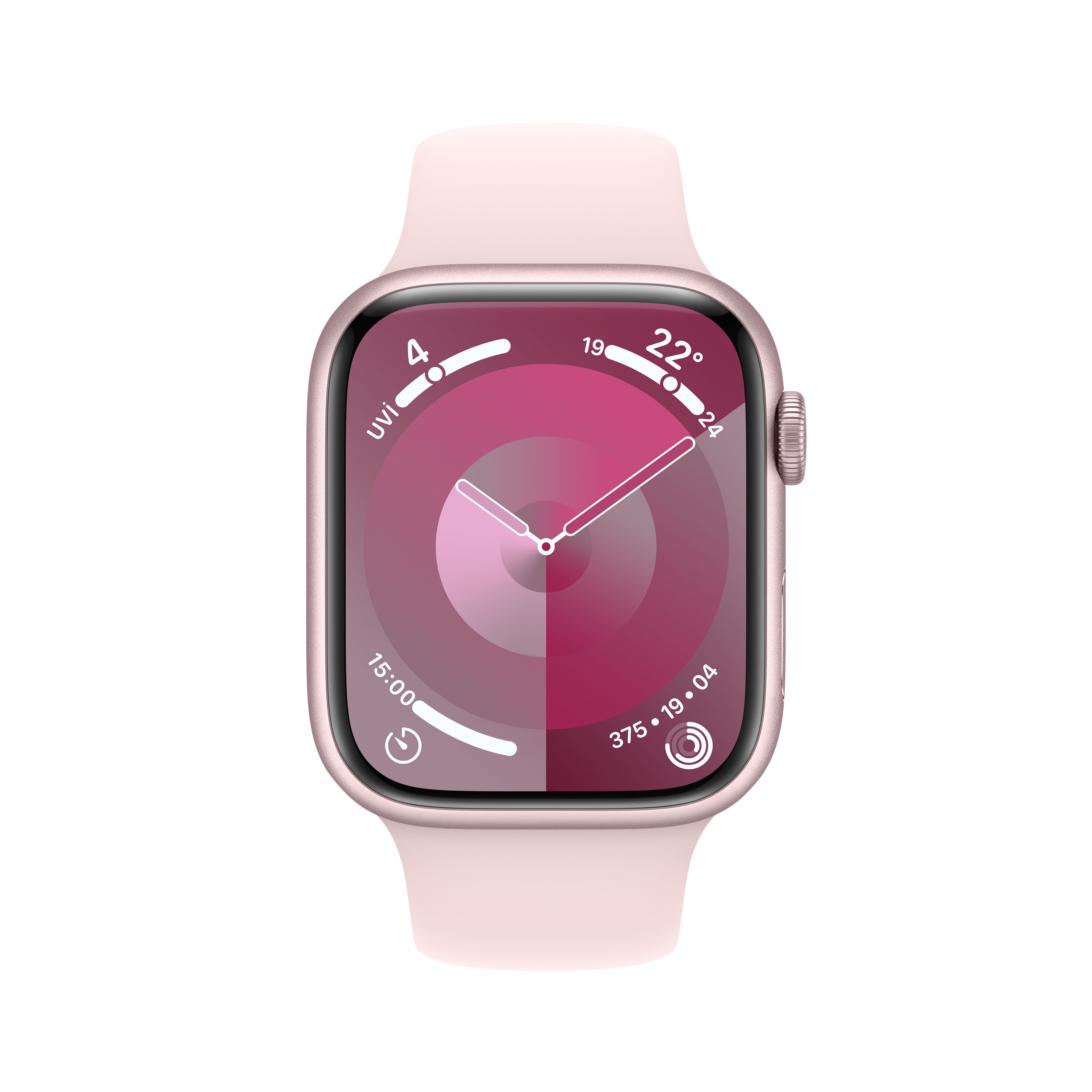 Pembe bir Apple Watch, zamanı ve dairesel göstergeleri gösteren bir saat yüzü görüntüler.