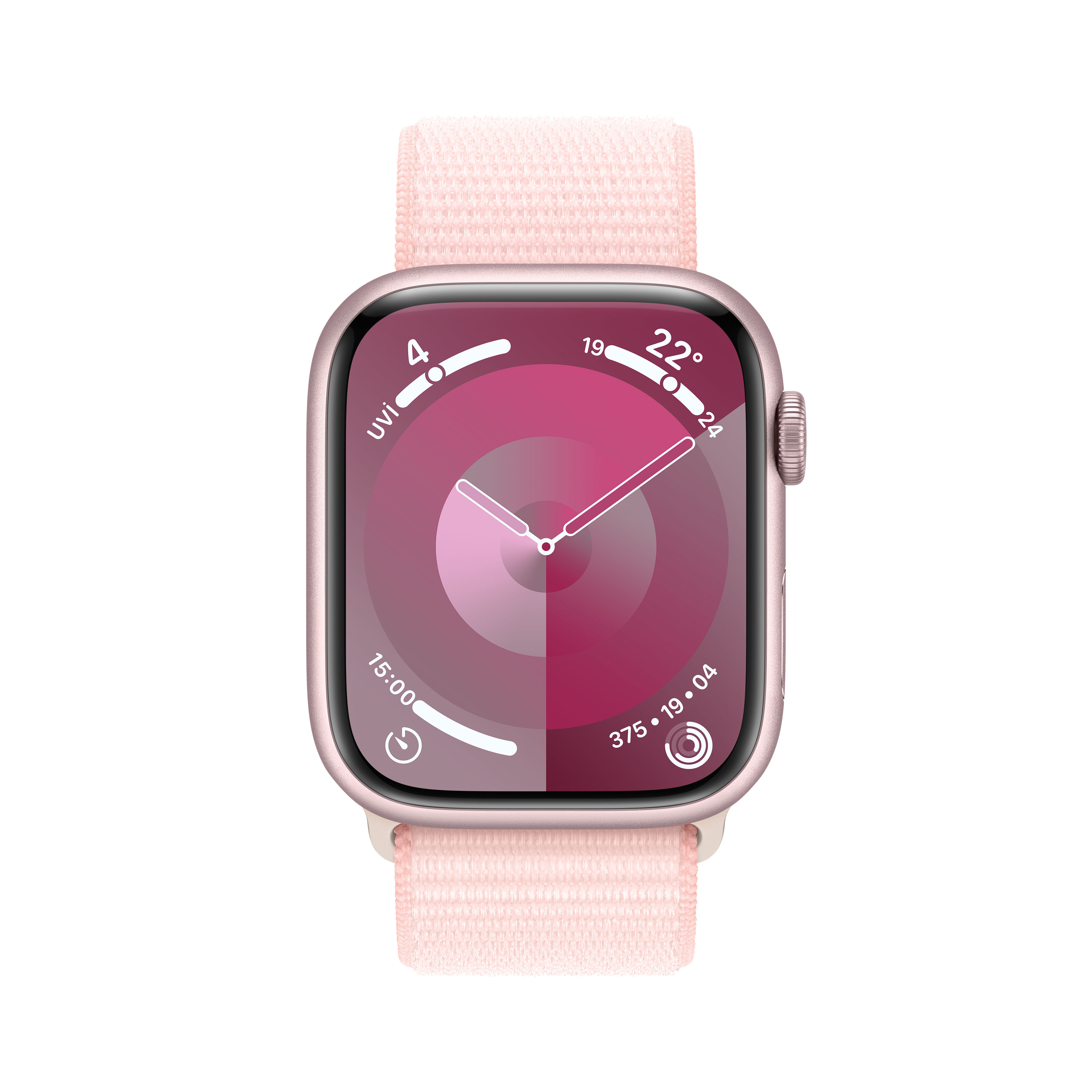 Pembe kayışlı pembe Apple Watch, zamanı ve dairesel bir ekranı gösteriyor.