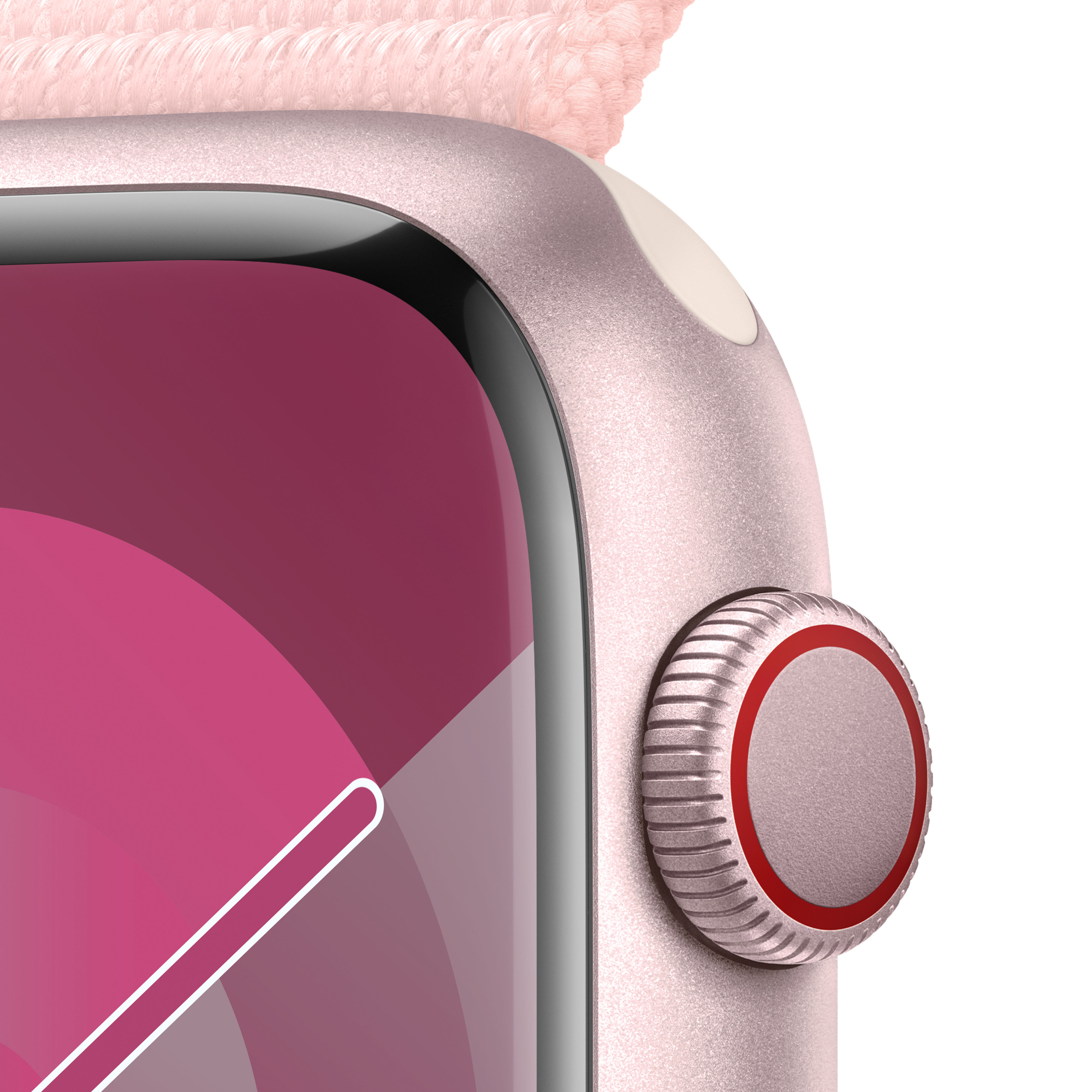Pembe kayışlı, gül altın rengi bir Apple Watch'un yakın çekimi.