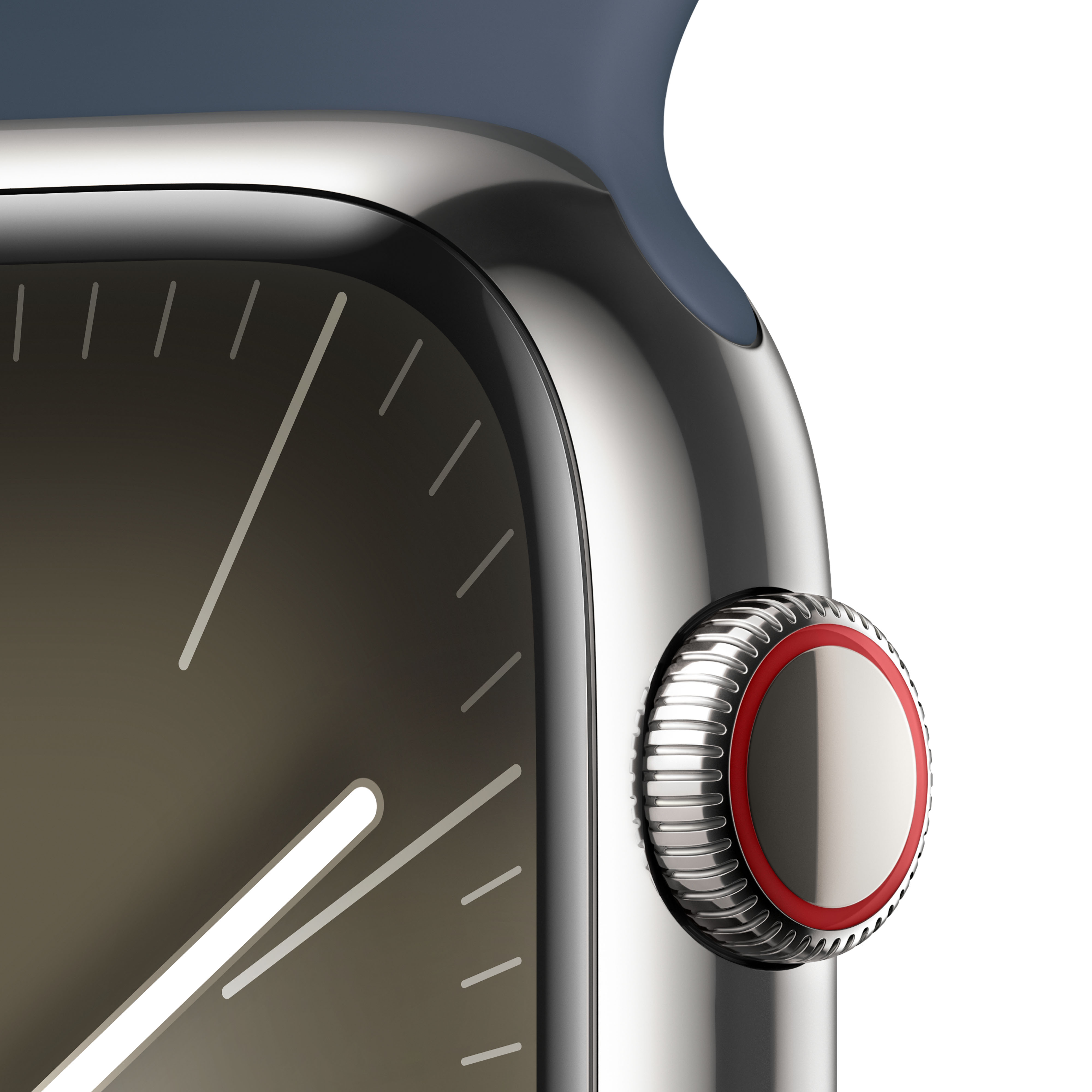 Bir Apple Watch'un yakın çekimi, saat kadranını ve yan düğmeyi gösteriyor.