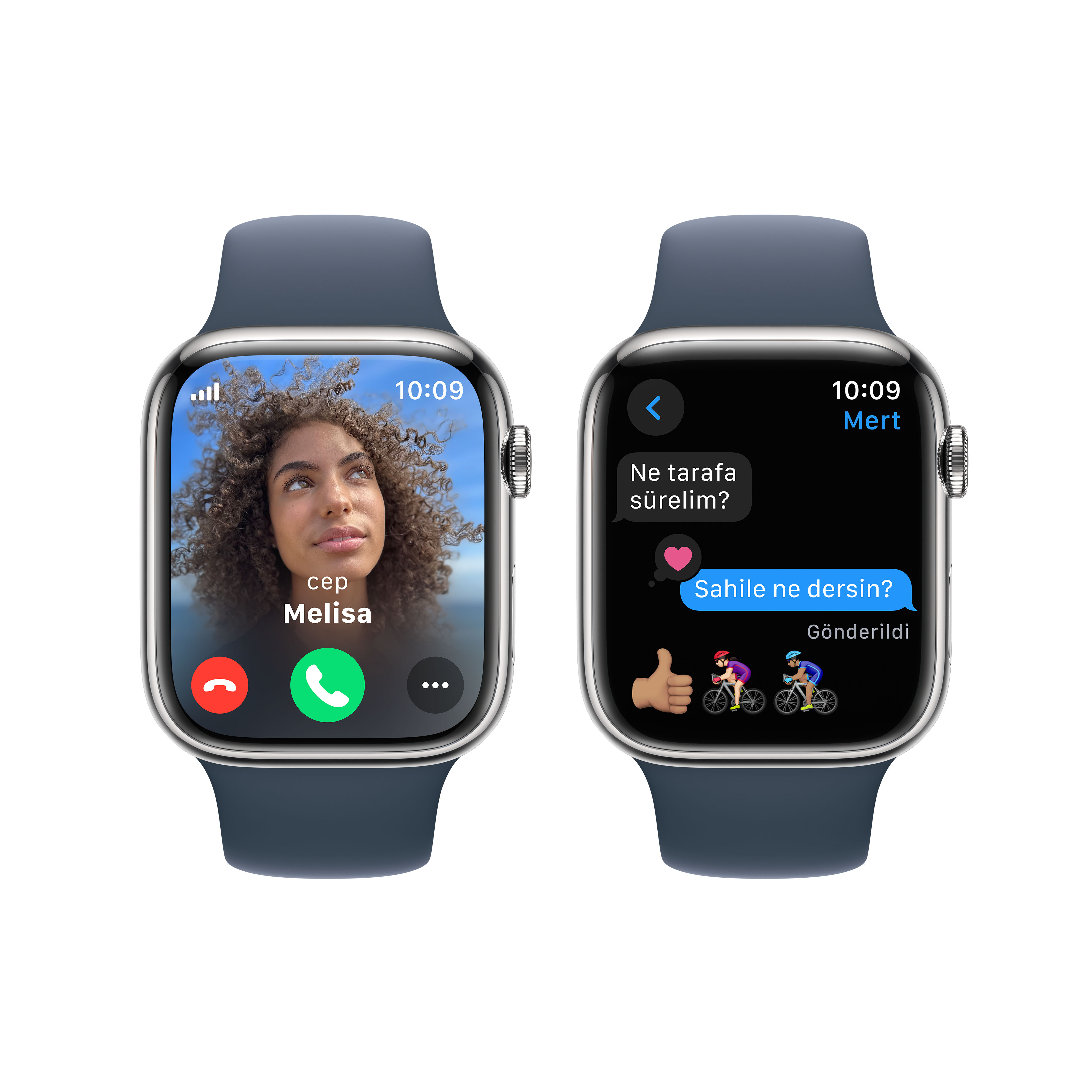 İki akıllı saat, biri görüntülü görüşme, diğeri ise bir metin mesajı gösteriyor.