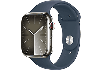 APPLE Watch Series 9 GPS + Cellular MRMP3TU/A  45 mm Gümüş Rengi Paslanmaz Çelik Kasa ve Fırtına Mavisi Spor Kordon - M/