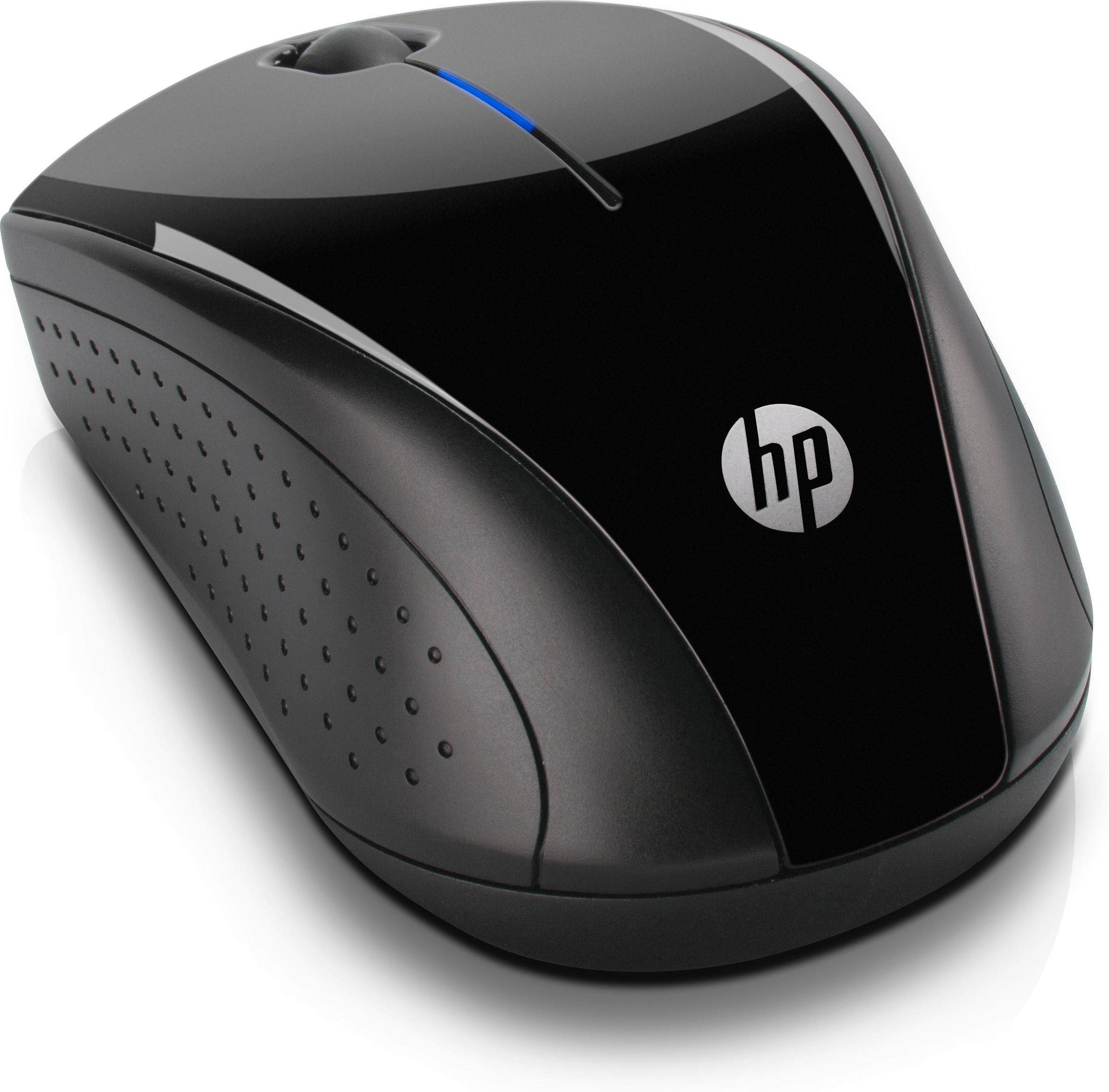 Black HP wireless mouse with a blue light. The HP logo is on the mouse surface.