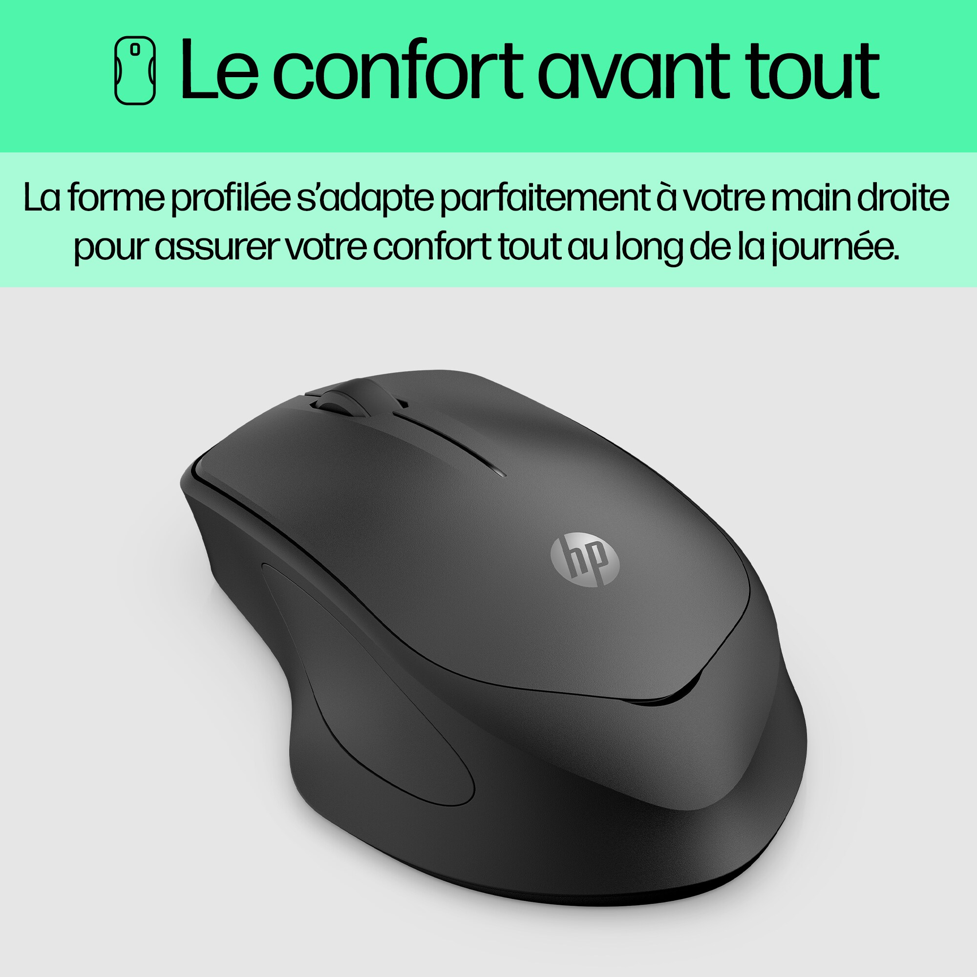 Black HP wireless mouse on a light surface, text about comfort.