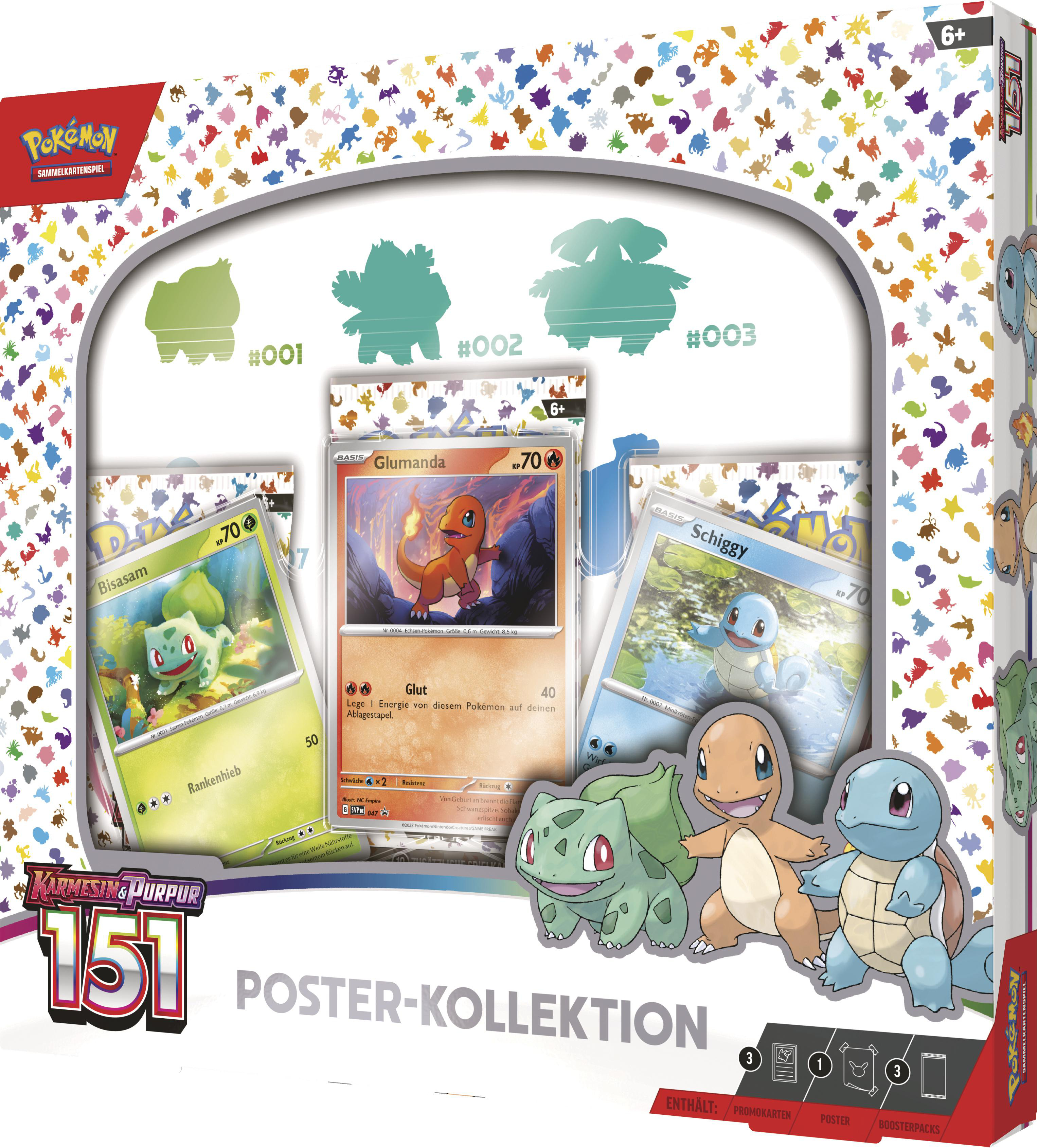 Pokemon Sammler-Set: Karten, Figuren und verwandte Artikel in einer bunten Display-Box.
