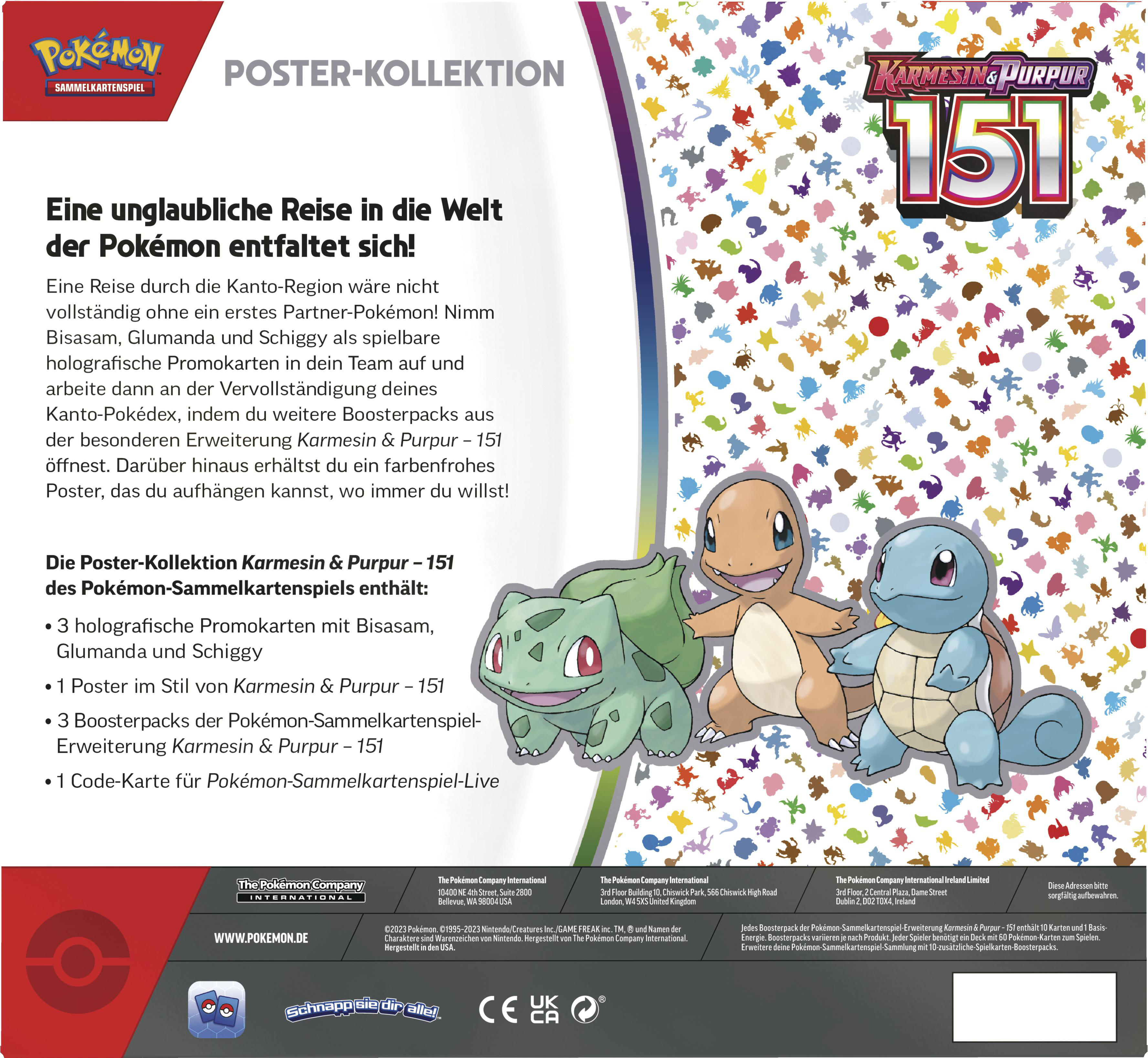 Pokemon-Kartenposter. Bisasam, Glumanda und Schiggy sind abgebildet, bunter Hintergrund.