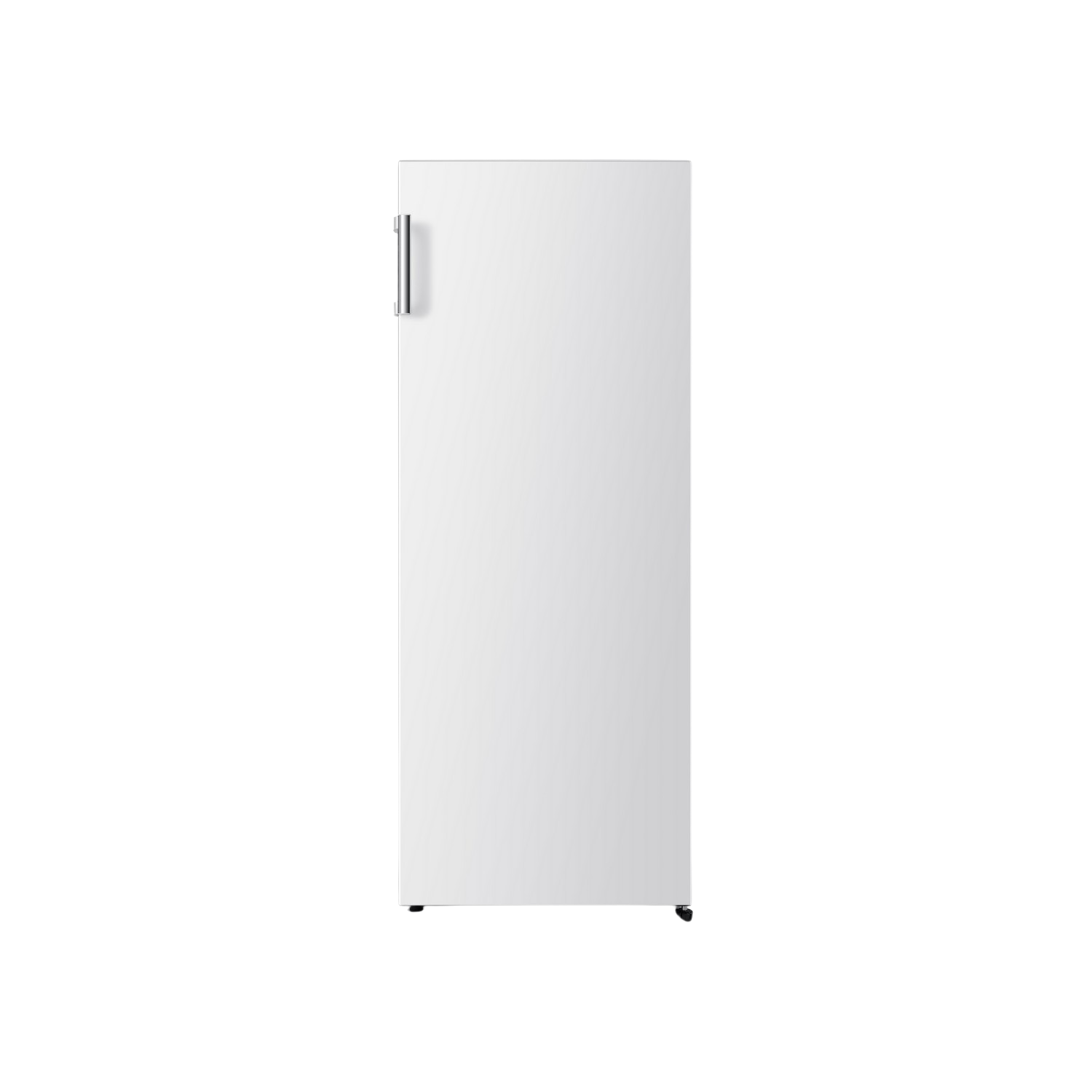 Witte koelkast met zilveren handvat tegen zwarte achtergrond.