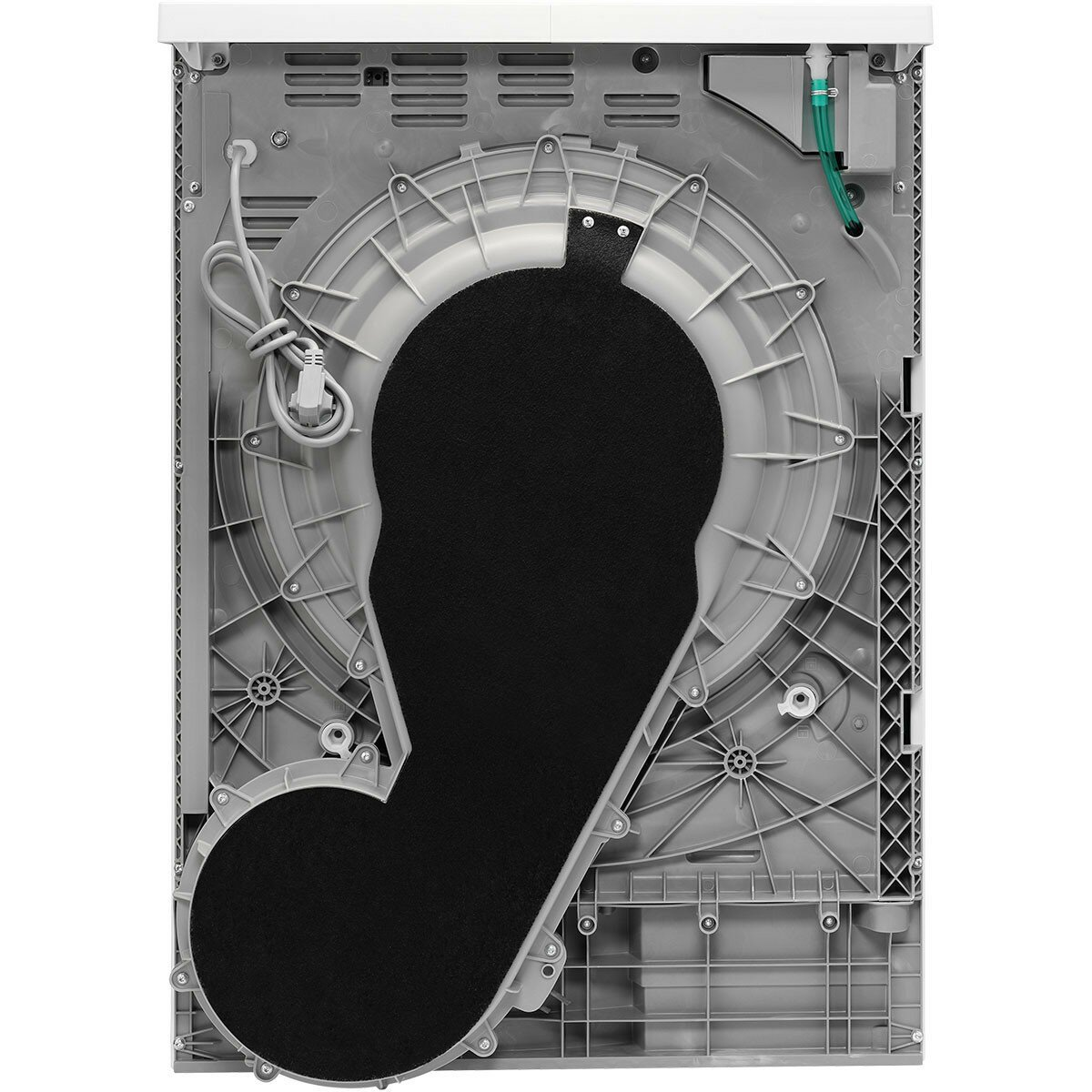 Tył suszarki. Widoczne elementy wewnętrzne, wentylator i filtr.