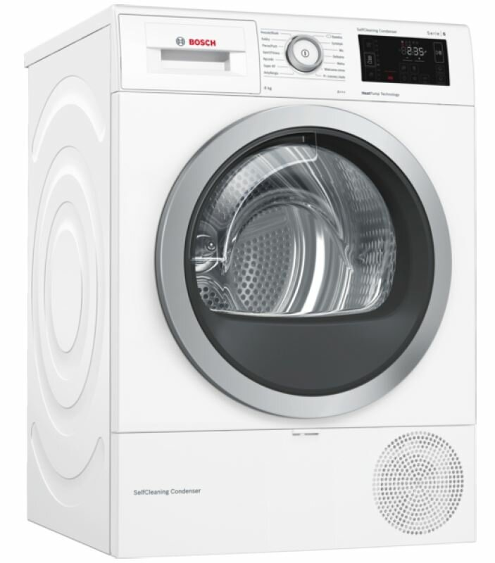 Biała suszarka Bosch. Ma czarne drzwi i cyfrowy wyświetlacz. Białe tło.