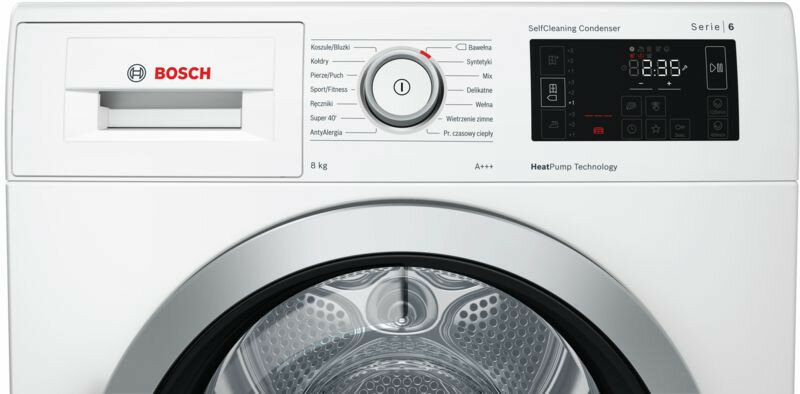 Biała pralka Bosch z panelem sterowania i przyciskami.