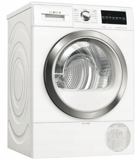 Biała suszarka Bosch. Przód ma duże, okrągłe drzwi ze srebrną obwódką. Panel sterowania znajduje się u góry.