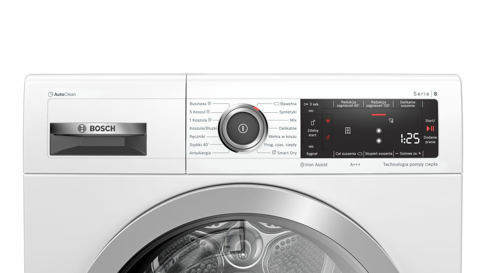 Zbliżenie białego panelu sterowania suszarki Bosch z przyciskami, pokrętłem i wyświetlaczem cyfrowym.