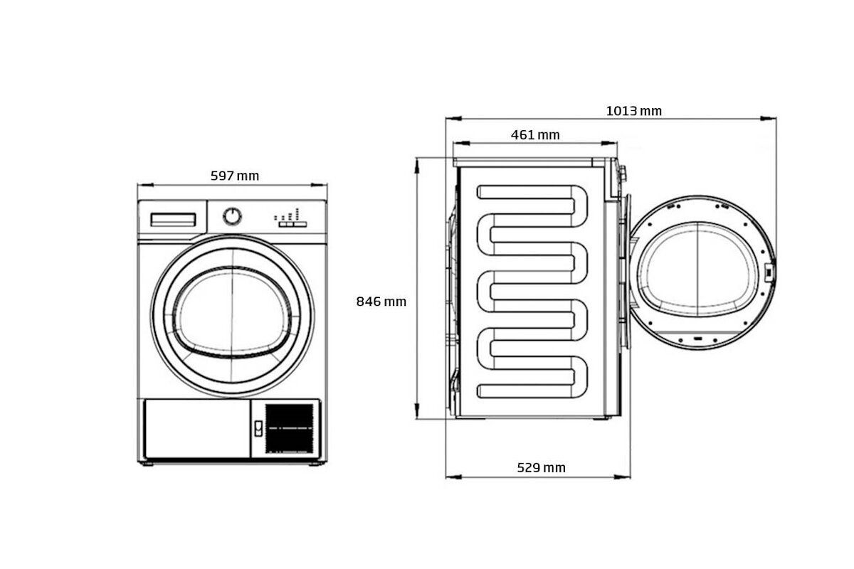 Rysunek techniczny białej suszarki. Pokazujący widok z przodu i z boku z wymiarami w mm.