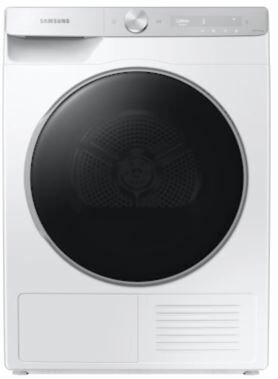 Biała suszarka Samsung z czarnymi drzwiami i panelem sterowania.