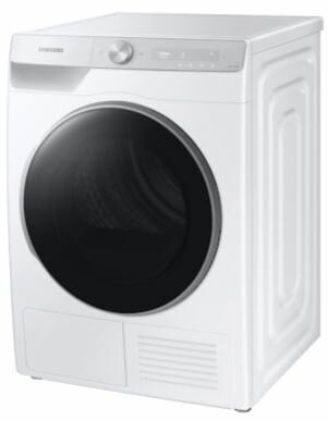 Biała suszarka na białym tle. Ma czarne drzwi.