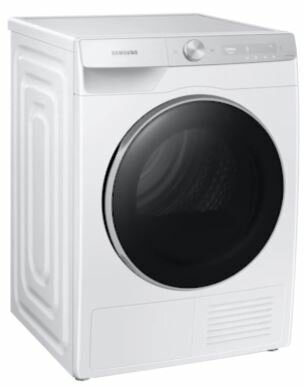 Biała suszarka Samsung, widok z przodu, z czarnymi drzwiami.
