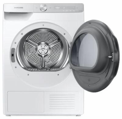 Biała pralka z otwartymi drzwiami. Widoczny jest bęben wewnętrzny.