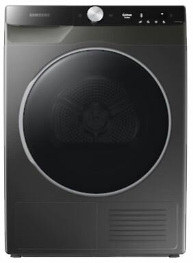 Czarna suszarka Samsung z dużymi, okrągłymi, czarnymi drzwiami i panelem sterowania u góry.