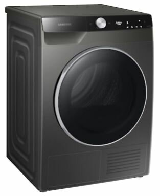 Ciemnoszara suszarka Samsung, przód, z dużymi okrągłymi drzwiami i panelem sterowania.