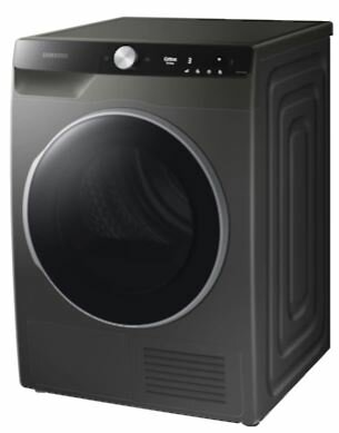 Ciemnoszara suszarka Samsung z czarnymi drzwiami. Przyciski na górze. Białe tło.