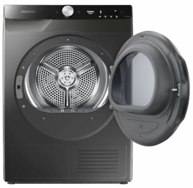 Ciemnoszara suszarka Samsung z otwartymi drzwiami. Widoczny bęben wewnętrzny. Elegancki design na białym tle.
