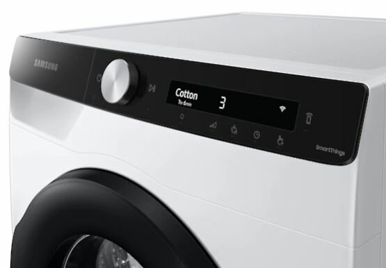Biały panel sterowania pralki Samsung z pokrętłem, wyświetlaczem pokazującym „Cotton” i ustawieniami.