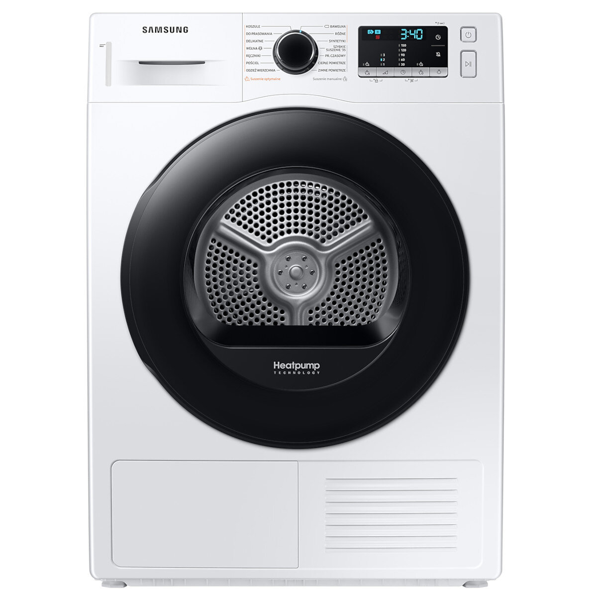 Biała suszarka Samsung, czarne drzwi, panel sterowania z wyświetlaczem, nowoczesny design, zbliżenie.