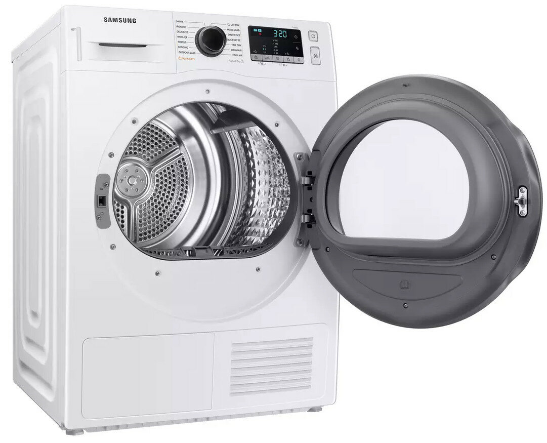 Biała pralka z otwartymi drzwiami, pokazująca bęben.