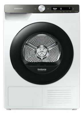 Biała suszarka Samsung z czarnymi drzwiami i panelem sterowania, na białym tle.