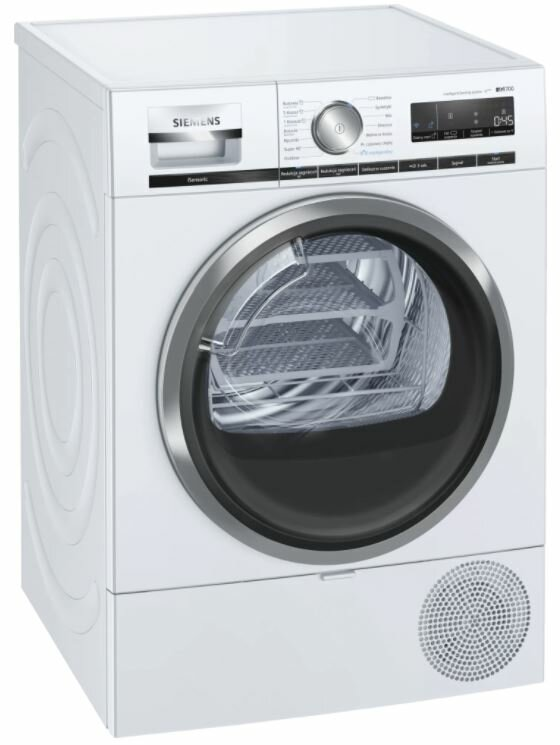 Biała suszarka Siemens z czarnymi okrągłymi drzwiami. Wyświetlacz cyfrowy pokazuje pozostały czas.