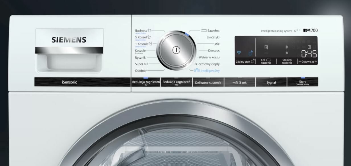 Biały panel sterowania pralki Siemens z centralnym pokrętłem i wyświetlaczem.