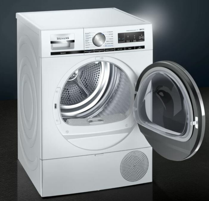 Biała suszarka Siemens z otwartymi drzwiami, pokazująca bęben ze stali nierdzewnej.