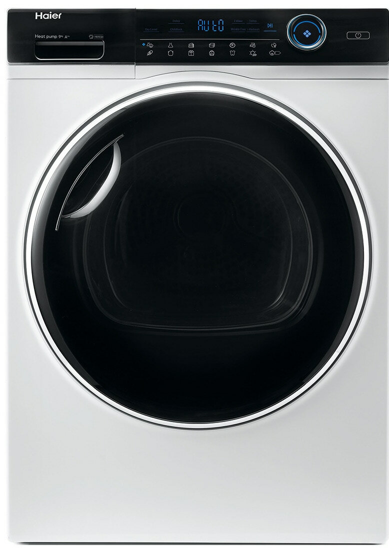 Biała suszarka Haier z pompą ciepła. Drzwi są czarne. Górny panel ma ekran i przyciski.