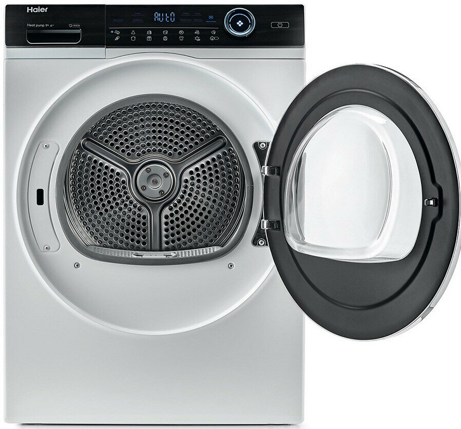 Biała suszarka z otwartymi drzwiami, pokazująca bęben i panel sterowania na górze.