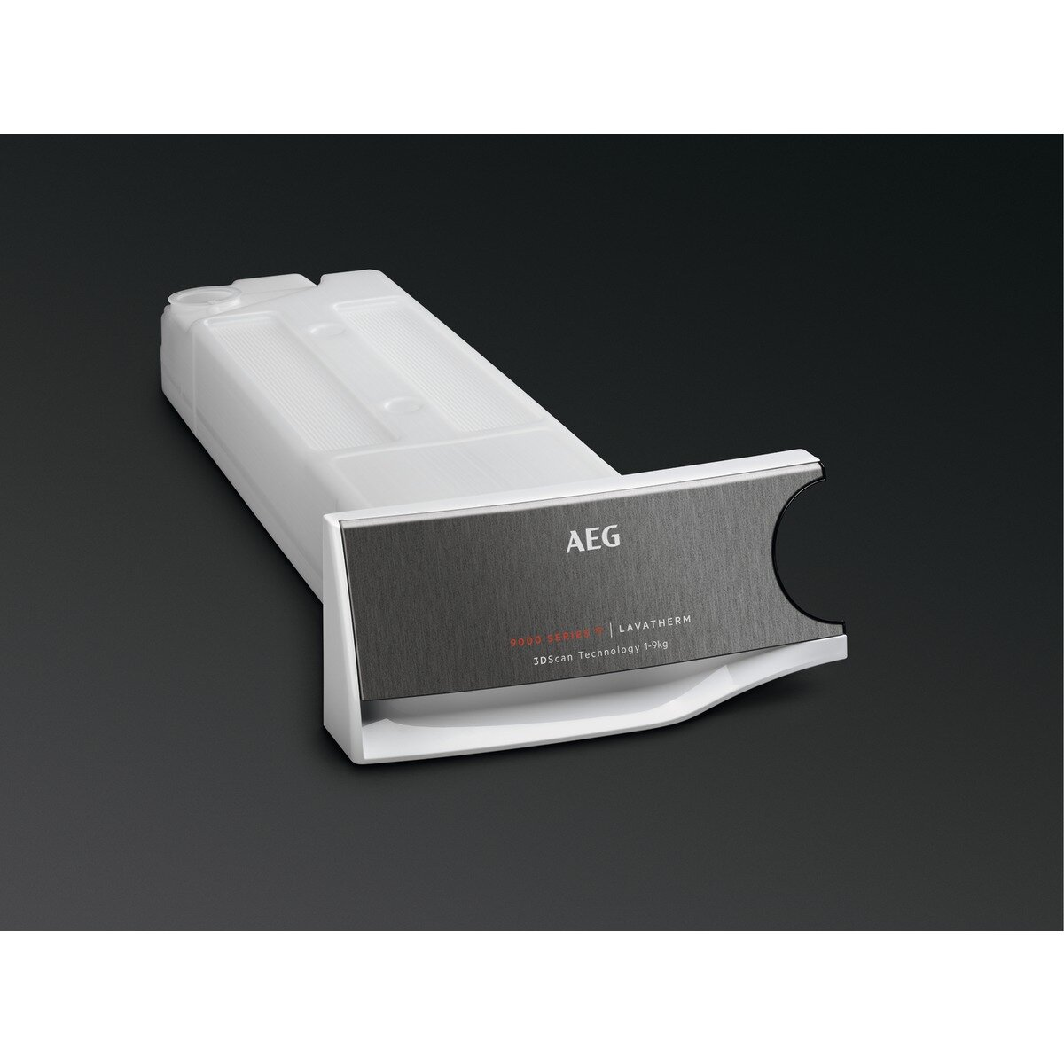 Pojemnik na wodę do suszarki AEG Lavatherm na ciemnej powierzchni, widoczny tekst i logo.