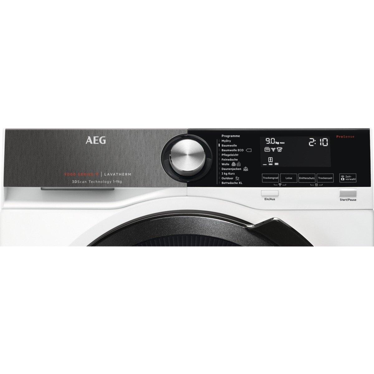 Panel sterowania pralki, wyświetlający ustawienia i czas, w białej i czarnej kolorystyce.